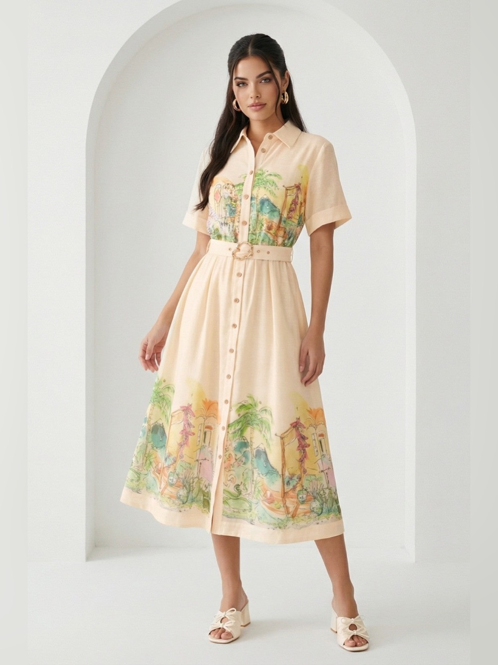 Watercolor Village Print Belted Midi Dress - A. Peach